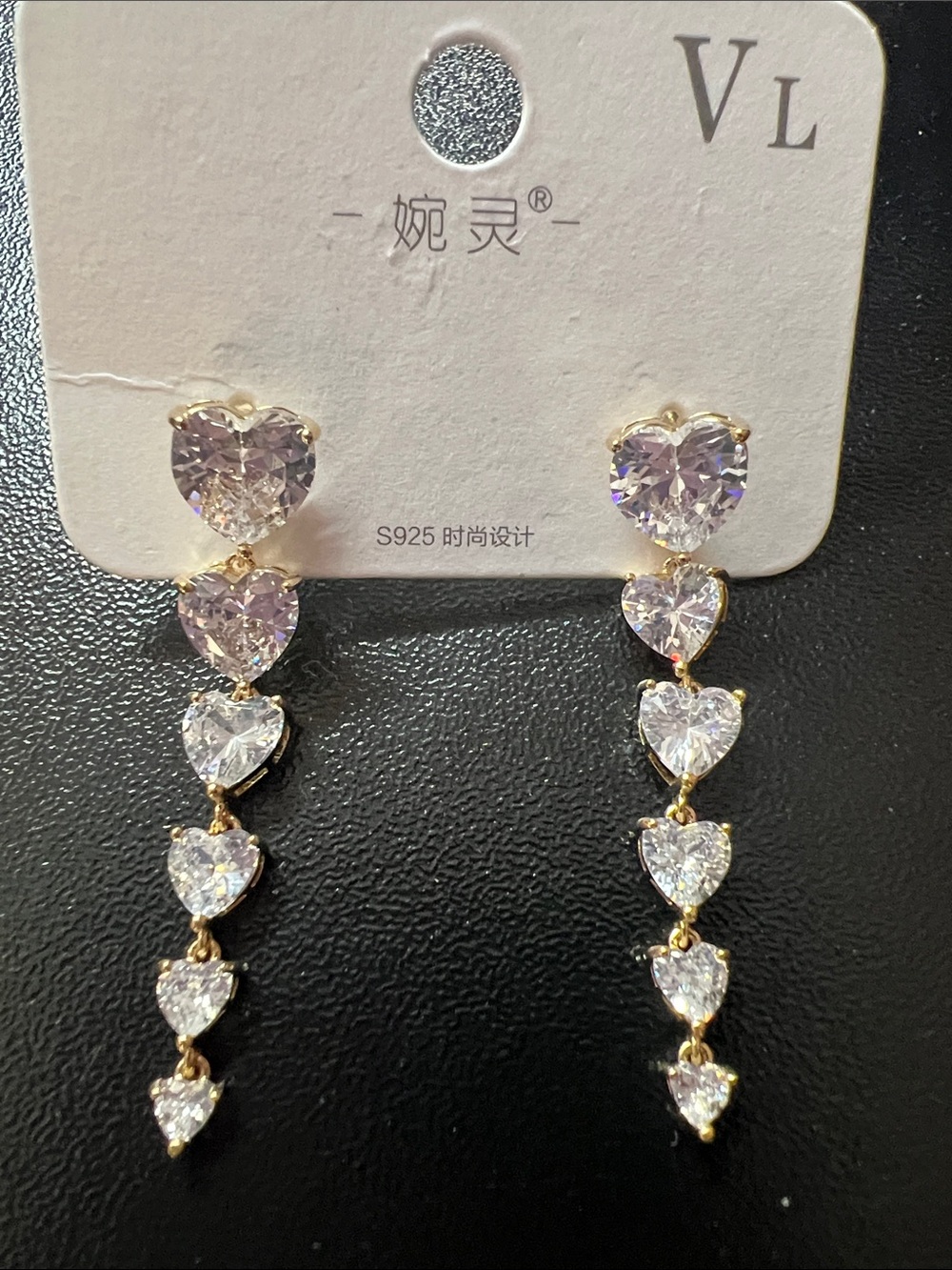 Gold-Tone Heart Drop Earrings with Clear Stones